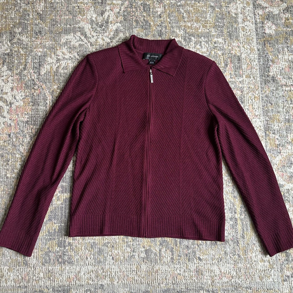 St. John Wool Blend Full Zip Collared Sweater Bur… - image 1